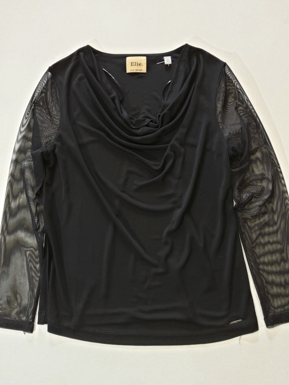 Elie Tahari Drape Neck Top Women Large Black Sheer Sleeve Whimsigoth Y2K Revival